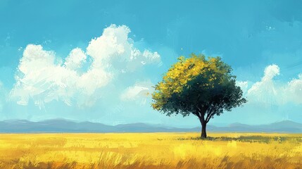 Lone tree standing in a golden field under a bright blue sky.