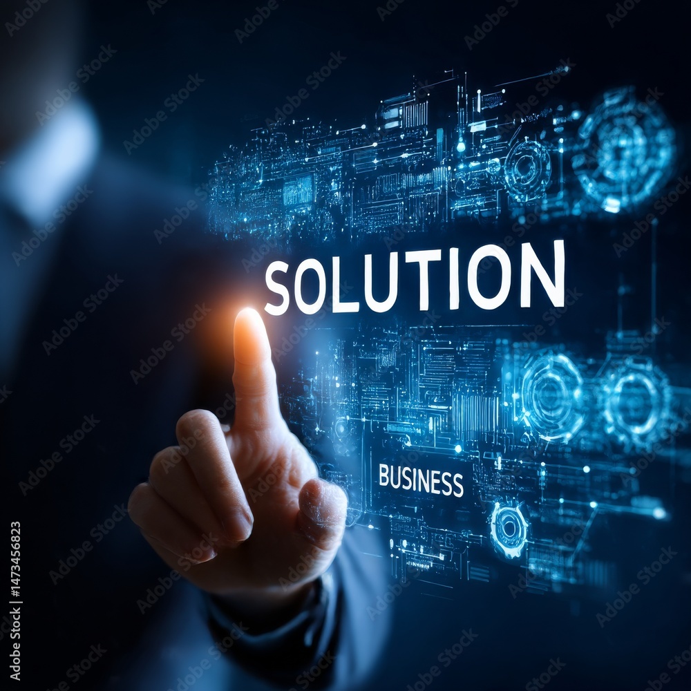 Poster businessman touching a virtual screen with a business concept and a mechanical model of a digital in