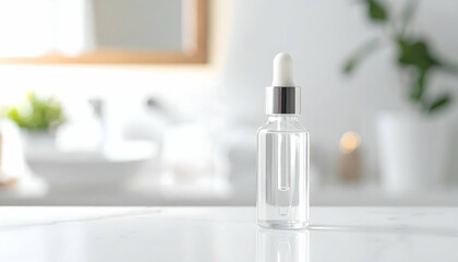 Serene Bathroom Ambiance: Clear Glass Dropper Bottle of Serum on Marble Countertop