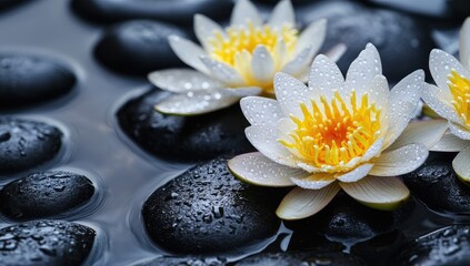 Fototapeta premium Tranquil water lilies on dark stones
