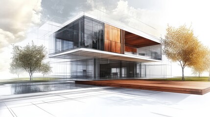 Obraz premium Modern architectural design, sketch, and 3D rendering of a contemporary house