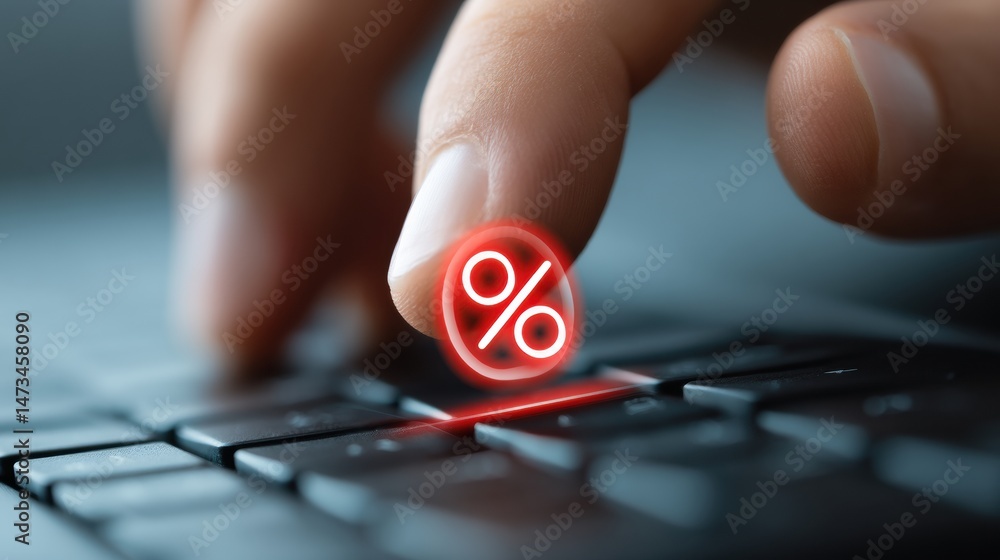 Aufkleber Hand Clicking Online Discount Button With Mouse Pointer on a Keyboard in a Digital Shopping Environment