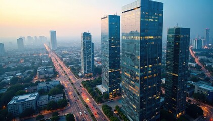 Fototapeta premium Modern office blocks seen from a high angle, showcasing sleek architecture and city views , structure, panorama, commercial