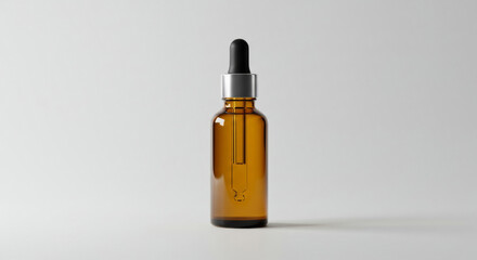Amber glass dropper bottle with silver cap in a simple studio setting. Product presentation of a cosmetic or essential oil bottle against a neutral background.