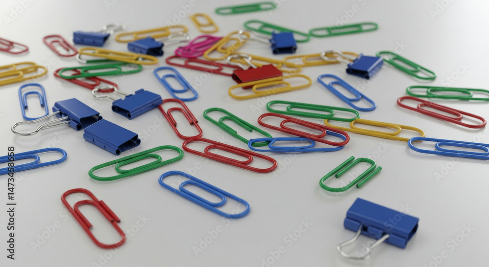 Poster colorful paperclips and binder clips scattered on a white surface. assorted colored clips in various
