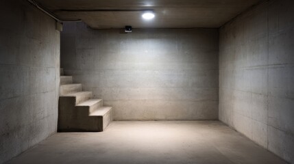 Obraz premium Rough concrete walls surround a dimly lit underground cellar, featuring a staircase and a flickering bulb that enhance the eerie ambiance of the space