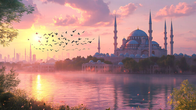 The Blue Mosque in Istanbul, Turkey. (Sultanahmet Camii). The Mosque is decorated with MAHYA specially for Ramadan. Writes to the mahya: "The Sultan Of 11 Months, Welcome