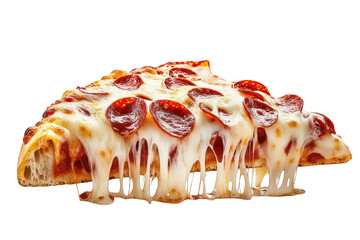 Close up view of pizza slice with pepperoni and dripping melted cheese food on transparent background png