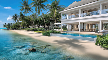 Fototapeta premium Luxury villa beach palm tree ocean tropical modern sunny relaxation