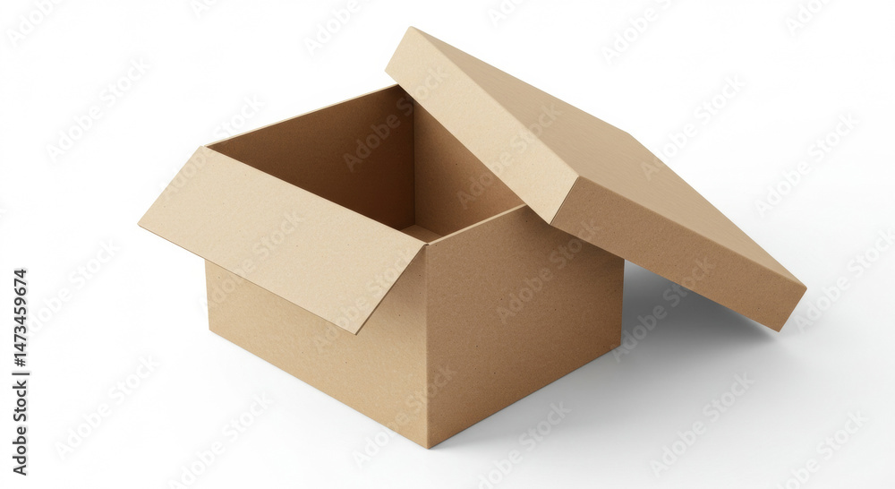 Poster empty open cardboard box against a white background. open box with lid ajar. generic packaging produ