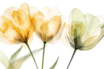 Watercolor painting of three tulips with yellow and white petals on stems on transparent background png
