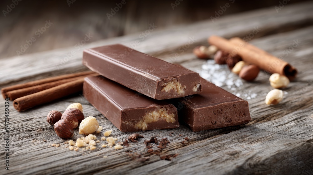 Aufkleber dark chocolate bars are neatly arranged on a rough wooden plank, surrounded by scattered cinnamon st