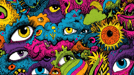 Psychedelic retro cool digital artwork. Colorful doodle human face eyeball design, 70s vintage style vivid dreamscape pop art