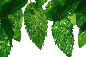 Close view of vibrant green mint leaves covered with glistening water drops on transparent background png