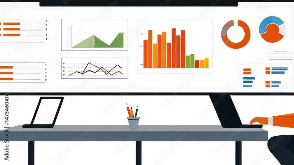 Poster business meeting with data analysis on a large screen.
