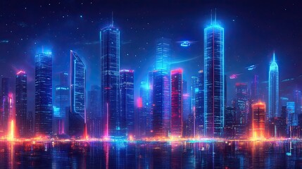 Naklejka premium Futuristic cityscape with neon lights reflecting on water under a starry night sky backdrop view