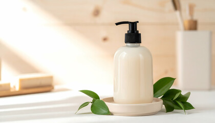 Luxurious Natural Soap Dispenser and Leaves on Wooden Background