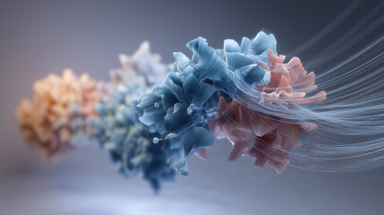 Scientific animation of protein folding with flowing strands in blue and peach colors showing complex molecular structure and dynamic biological process