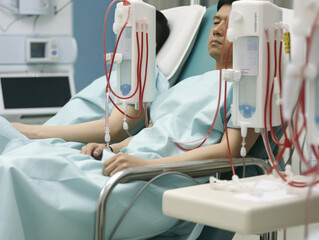 Two patients undergoing dialysis treatment in a medical facility, connected to machines with tubes