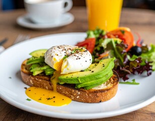 Close-up shot of a delicious avocado toast with poached egg and colorful salad