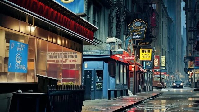 Jazz clubs in New York City during the late night, showcasing vibrant neon signs and classic storefronts on a rain-soaked street