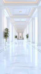 Obraz premium A long, white hallway with marble floors and columns, lined with potted plants, leading to a light-filled space at the end