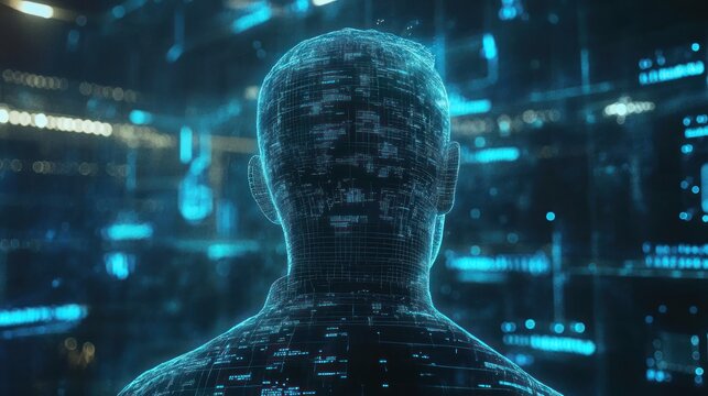 Digital representation of a person's head and back in a futuristic setting. - Powered by Adobe