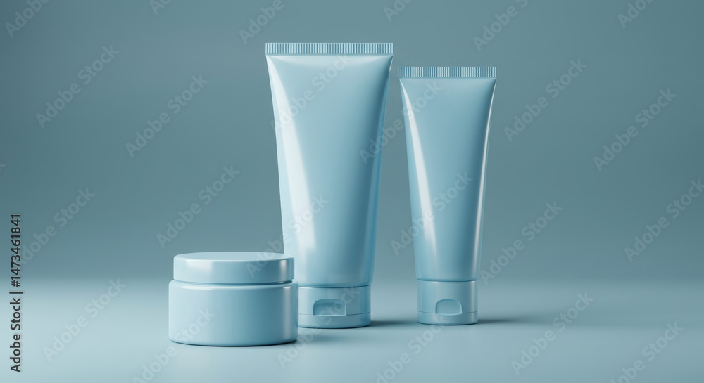 Poster light-blue cosmetic product containers on a muted background. empty containers are displayed in a st