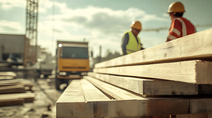 Construction Site with Workers and Lumber