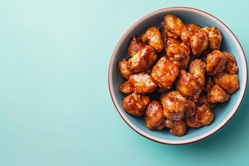 Delicious glazed bite size chicken pieces served on a blue background, Bowl of glazed, bitesized chicken pieces on blue background
