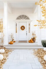 A white front door with a wreath and pumpkins on the porch, surrounded by dried leaves