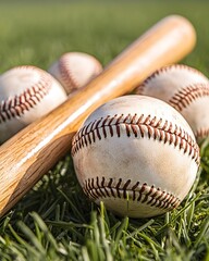 A wooden baseball bat rests on the grass, surrounded by four white baseballs