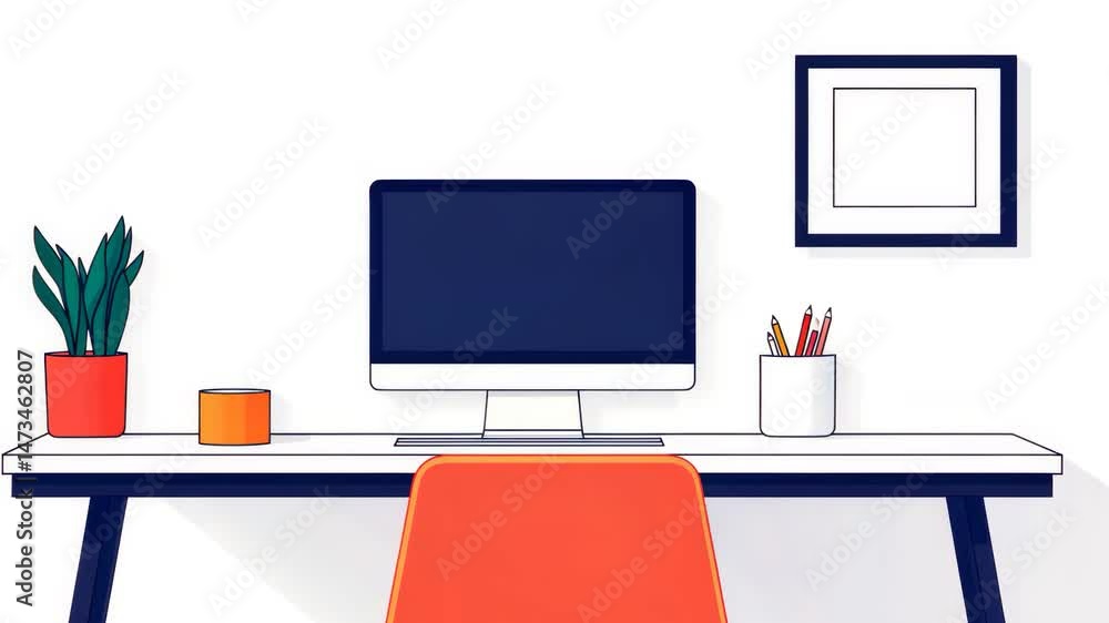 Poster modern workspace featuring a computer and decorative elements.
