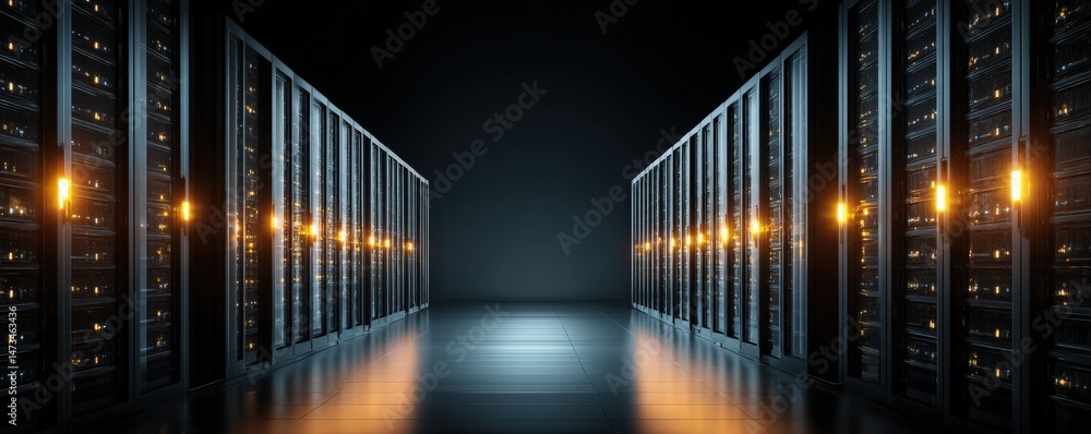 Poster a modern data center with rows of illuminated server racks in a dark, futuristic room.