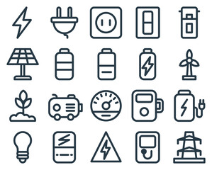 Set of 20 Line Icons Related to Electricity and Renewable Energy Sources