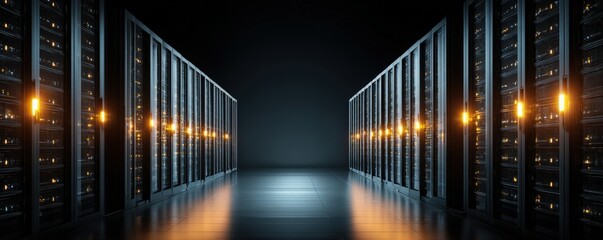 A modern data center with rows of illuminated server racks in a dark, futuristic room.