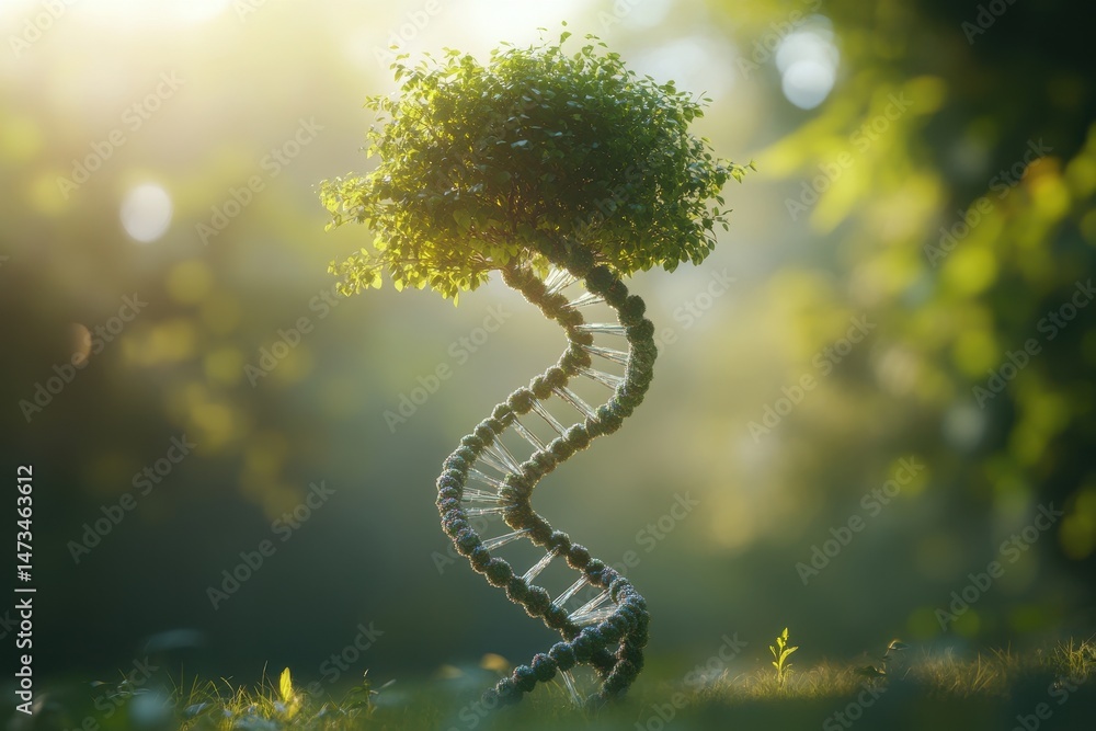 Poster dna helix seamlessly transforming into a lush tree under soft sunlight, dna helix transforming into 