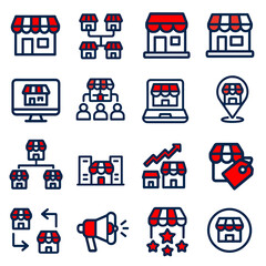 Collection of Red and Blue Retail Business Icons Online Store, Franchise, Marketing, and Growth