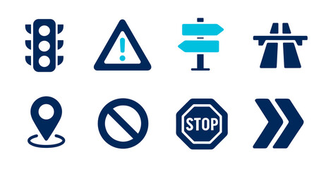 Set of Eight Essential Traffic and Navigation Icons Traffic Light, Warning Sign, Directional Sign,