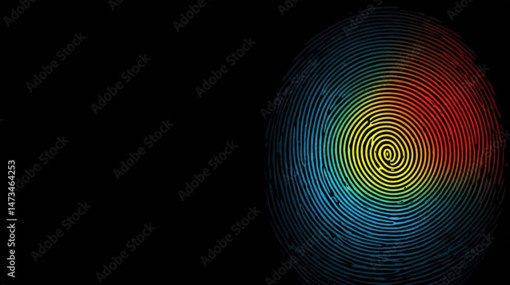 Poster a multicolored fingerprint pattern appears on a black background, symbolizing identity, security, an