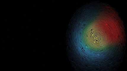 A multicolored fingerprint pattern appears on a black background, symbolizing identity, security, and technology.
