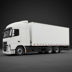 White commercial truck with blank trailer, stationary position on a dark gray concrete surface. Professional logistics transportation vehicle in a studio setting.