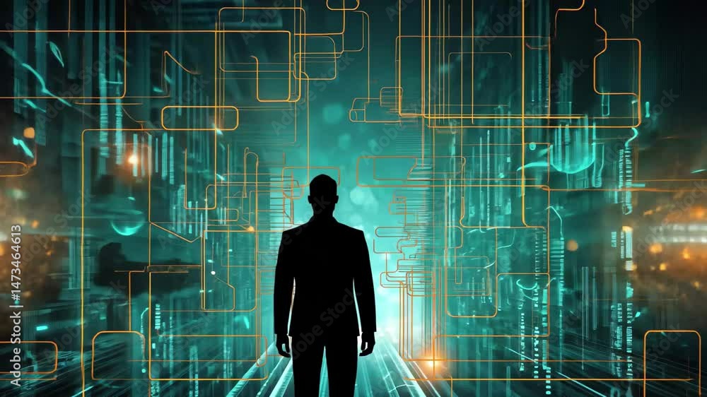 Aufkleber a person stands in silhouette against a circuit-like backdrop illuminated by glowing nodes, embodyin