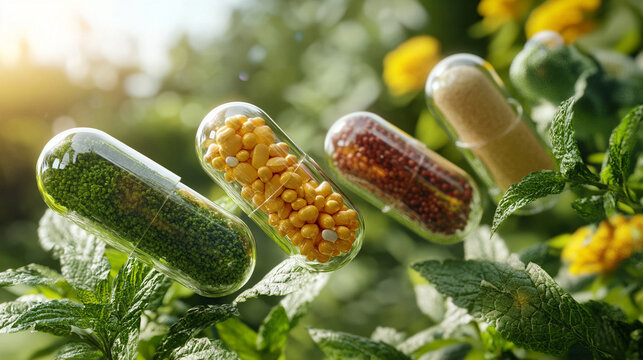 A single herbal medicine capsule floats against a bright neutral-toned background. Symbolizes natural wellness, holistic health, and clean pharmaceutical innovation in a modern minimal composition.


