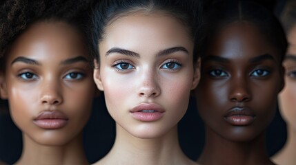 A portrait of diverse women with varying skin tones posing against a dark background together closely