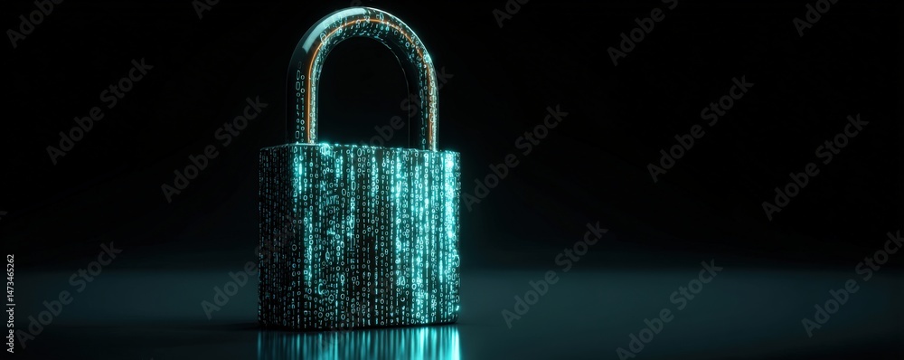 Poster a metallic padlock illuminated with digital code, symbolizing cybersecurity and data protection, sta