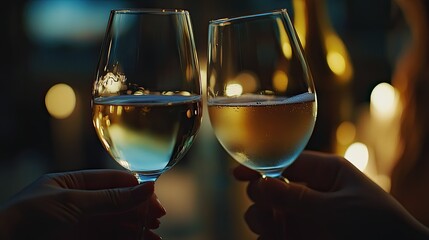 Obraz premium Two hands clink glasses of white wine in a toast against a scenic backdrop of rolling hills and a bright sky.