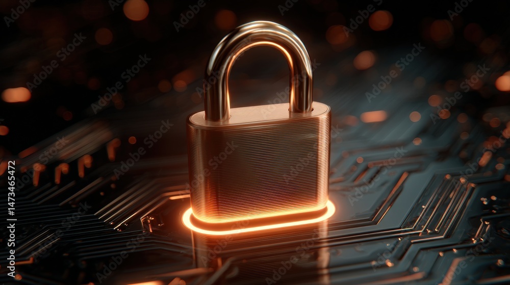 Poster a metallic padlock sits illuminated on a digital circuit board, symbolizing cybersecurity and data p
