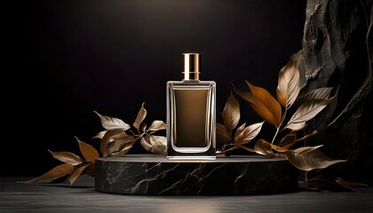 perfume bottle on podium aesthetic dark theme realistic landscape photography