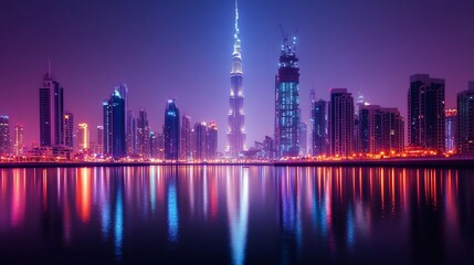 Fototapeta premium Vibrant city skyline at night, reflecting in calm water